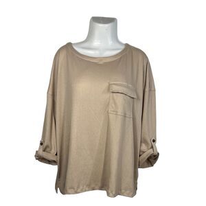 Live Well Lifestyle Top Women's 18/20W Tan Crinkle Knit Roll Tab Sleeves Pocket